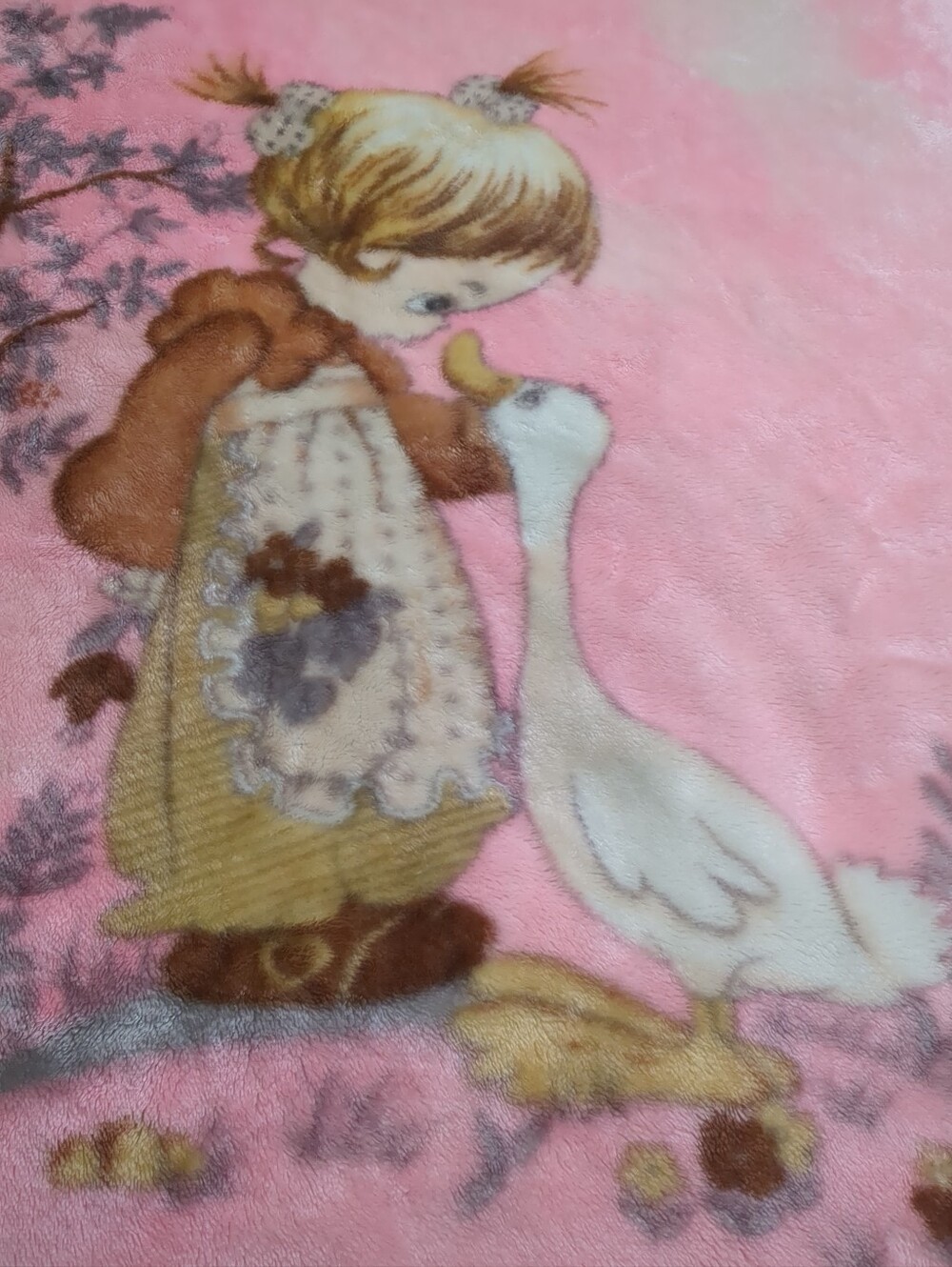 Vintage Korean Mink Blanket Precious Moments Girl Duck Goose Pink